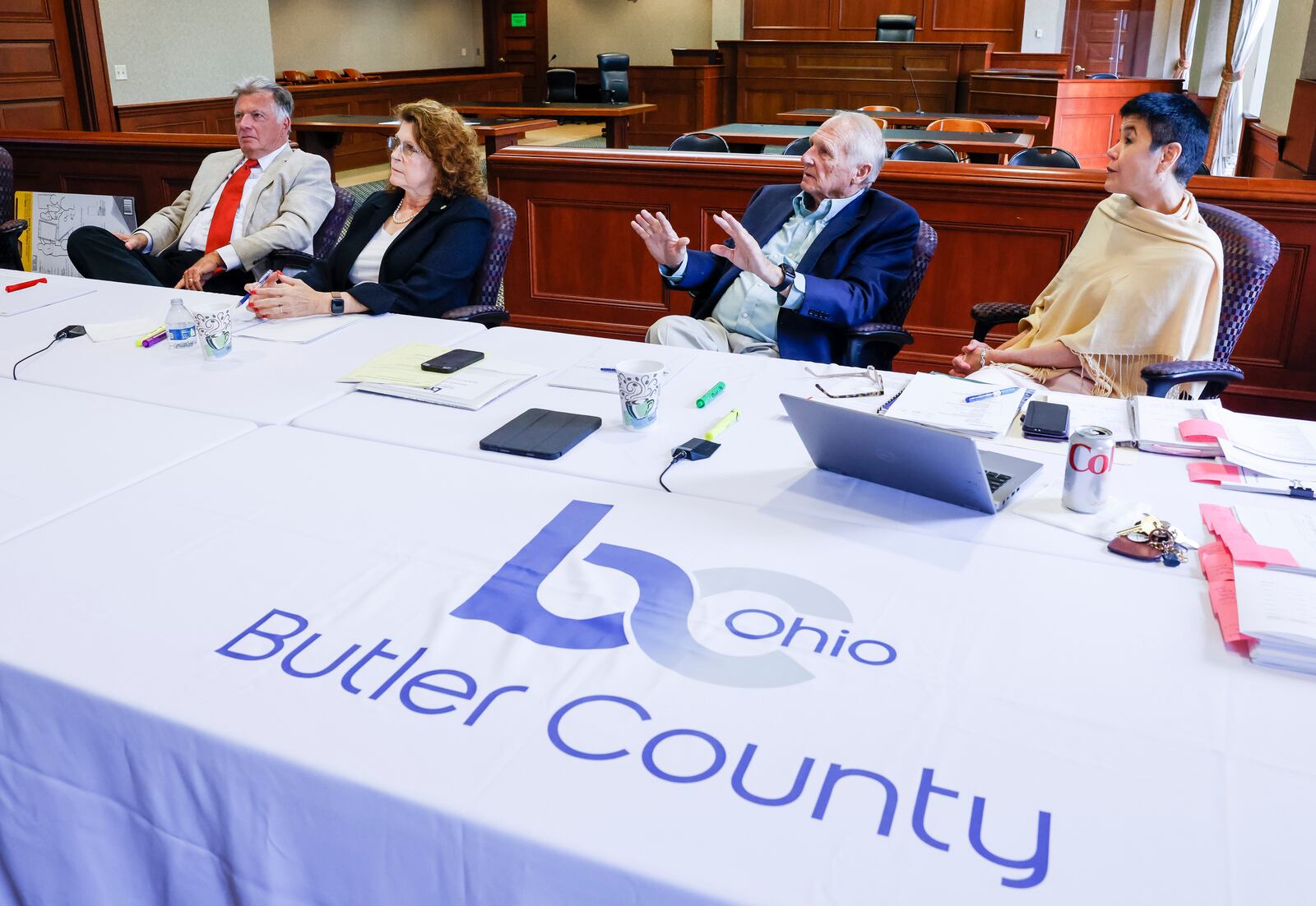 Left to right: Butler County Commissioners T.C. Rogers, Cindy Carpenter, Don Dixon and Butler County Administrator  Judi Boyko discuss county goals during a session with a consultant Monday, June 12, 2023 in Hamilton. NICK GRAHAM/STAFF