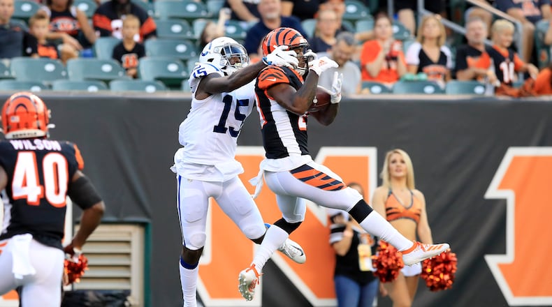 CINCINNATI, OHIO - AUGUST 29: Darius Phillips #23 of the Cincinnati Bengals intercepts the ball intended for Parris Campbell #15 of the Indianapolis Colts at Paul Brown Stadium on August 29, 2019 in Cincinnati, Ohio. (Photo by Andy Lyons/Getty Images)