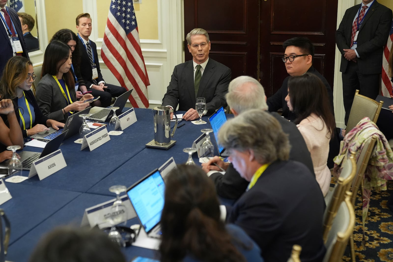 Treasury Secretary Scott Bessent speaks, Wednesday, April 23, 2025, to the Institute of International Finance Global Outlook Forum at the Willard Hotel in Washington. (AP Photo/Jacquelyn Martin)