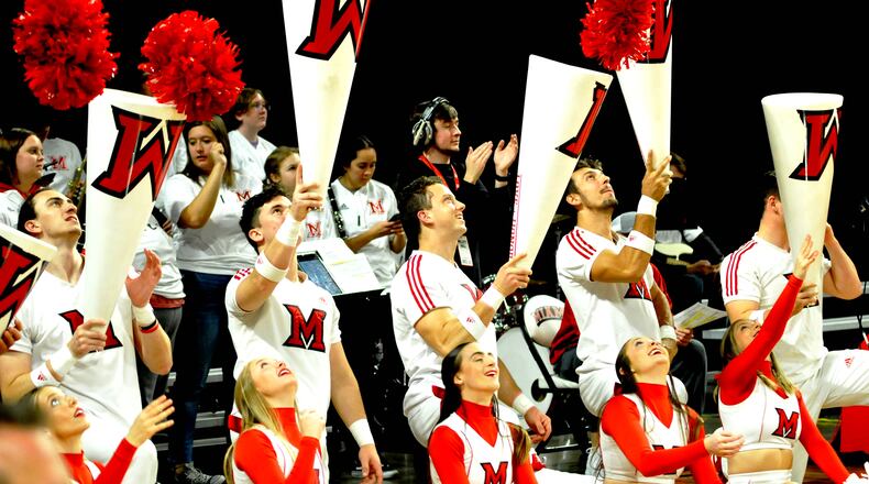 Miami's Redhawks hosted Marshall's Thundering Herd in an NCAA basketball game at Millett Hall on Thursday, Nov. 17. DAVID A. MOODIE/CONTRIBUTING PHOTOGRAPHER