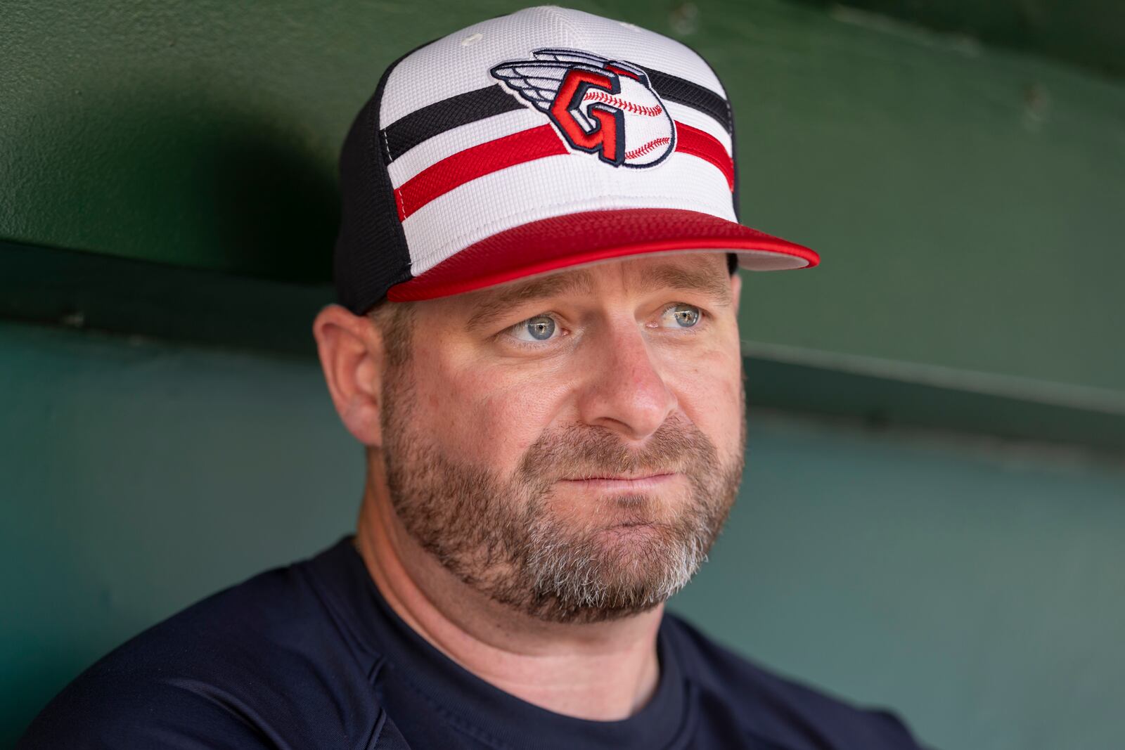 Cleveland Guardians manager Stephen Vogt talks with press before a baseball game against the Athletics, Friday, June 20, 2025, in West Sacramento, Calif. (AP Photo/Sara Nevis)