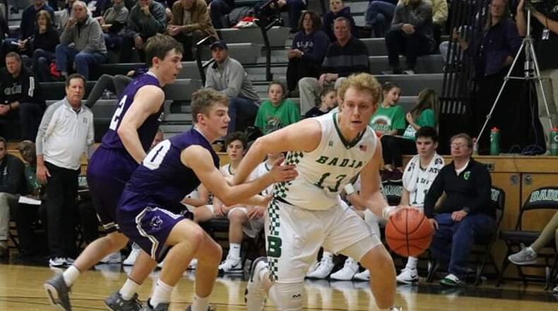 Badin’s Justin Pappas (13) gets a step on Elder’s Matthew Luebbe (10) during a Dec. 4 game at Mulcahey Gym in Hamilton. The host Rams won 57-53. CONTRIBUTED PHOTO BY TERRI ADAMS
