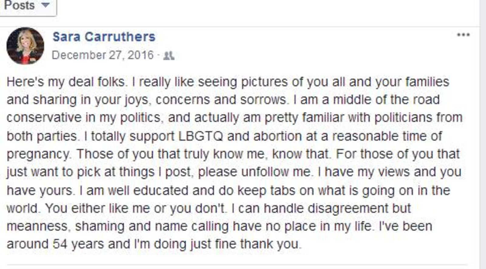 This is a screen capture of a post on Sara Carruthers’ Facebook page that have some Republicans questioning her pro-life stance.