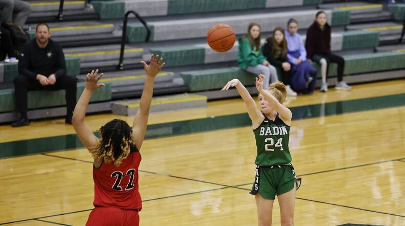 Badin's Morgan Dixon puts up a shot against Trotwood-Madison in a Division II district final basketball game Friday, Feb. 25, 2022 at Mason Middle School. NICK GRAHAM/STAFF
