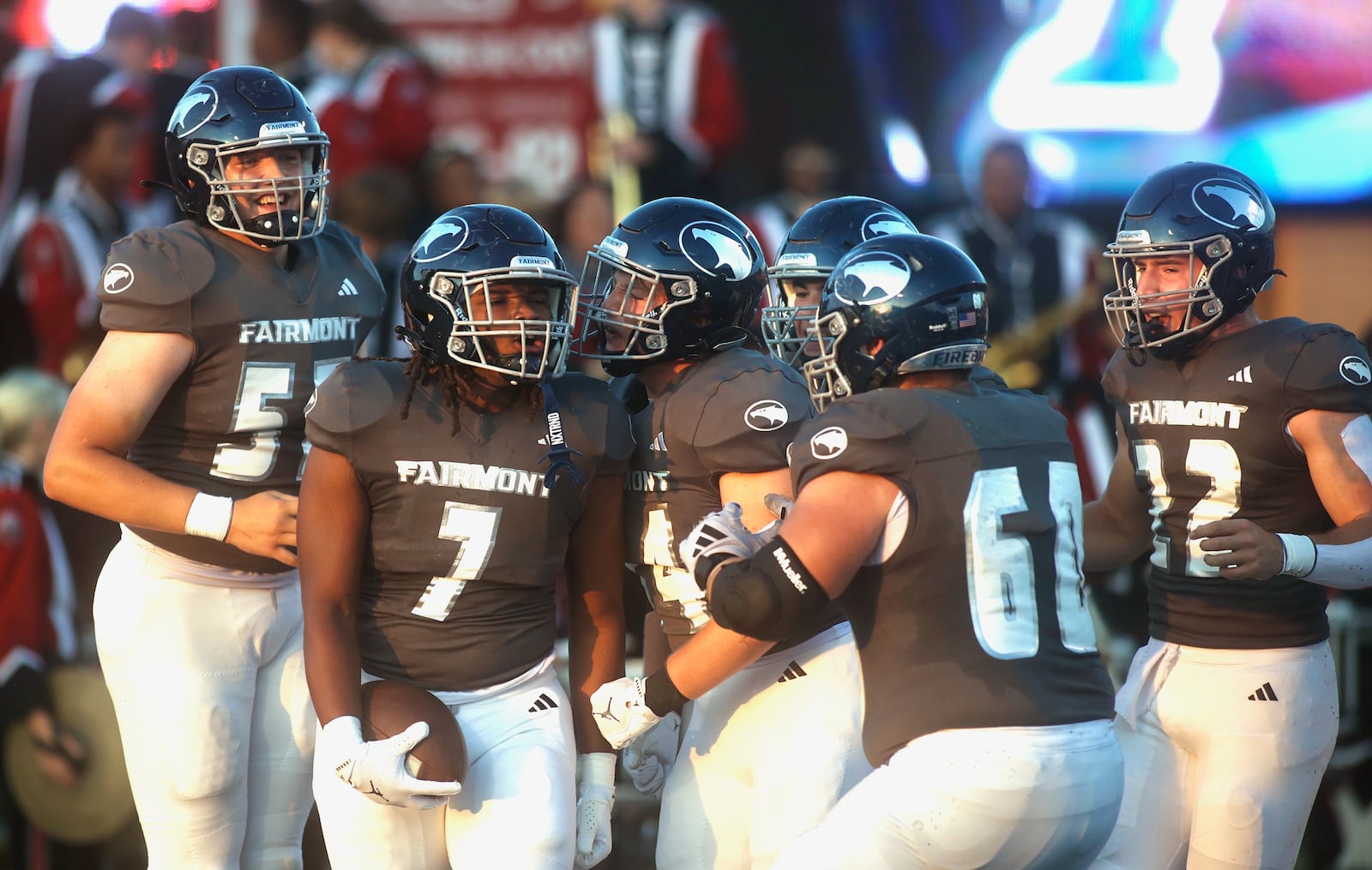 Fairmont celebrates a touchdown by Tyrell Lake against Wayne on Friday, Sept. 19, 2025, at Roush Stadium in Kettering. David Jablonski/Staff