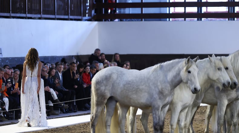 A model wears a creation from the Stella McCartney Fall/Winter 2026-2027 Women's collection presented in Paris, Wednesday, March 4, 2026. (AP Photo/Tom Nicholson)