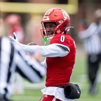 Miami’s Keith Reynolds celebrates after making a first down catch against Ball State on Saturday at Yager Stadium. JEFFREY SABO / MIAMI ATHLETICS