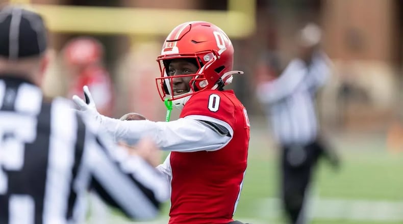 Miami’s Keith Reynolds celebrates after making a first down catch against Ball State on Saturday at Yager Stadium. JEFFREY SABO / MIAMI ATHLETICS