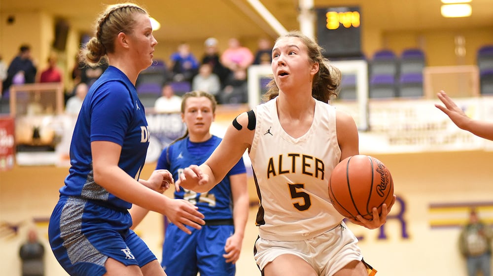 Alter senior Alina Overman attempts a layup in the paint during a D-IV regional semifinal game against Brookville on Tuesday, March 3, 2026 at the Vandalia Butler Student Activity Center. The Knights won 30-24. GEOFF NEVILLE / CONTRIBUTED PHOTO