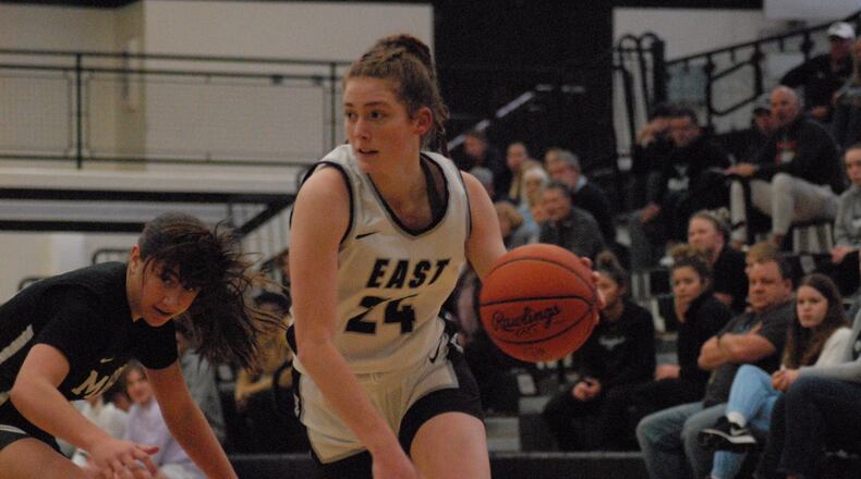 Lakota East senior Madison French drives to the hoop against Mason on Wednesday, Dec. 7, 2022. Chris Vogt/CONTRIBUTED