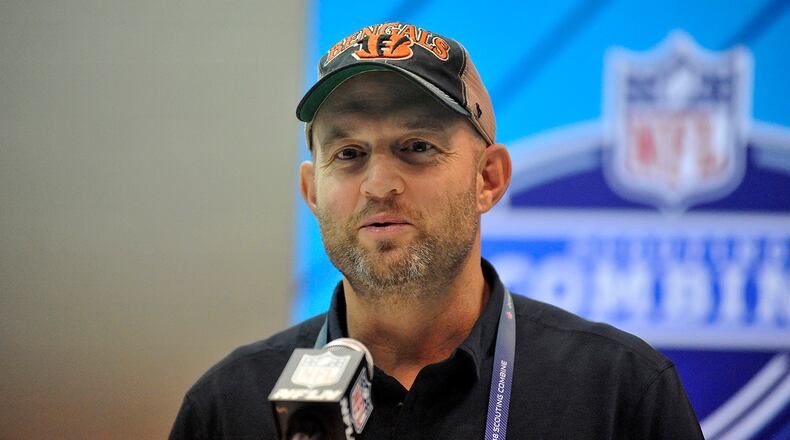 Cincinnati Bengals Director of Player Personnel Duke Tobin speaks to the media the NFL Scouting Combine . FILE PHOTO