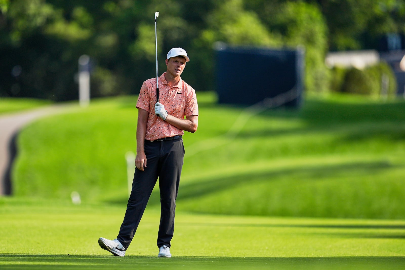 Cameron Davis, of Australia, hits from the fairway on the ninth hole during the first round of the PGA Championship golf tournament at the Quail Hollow Club, Thursday, May 15, 2025, in Charlotte, N.C. (AP Photo/George Walker IV)