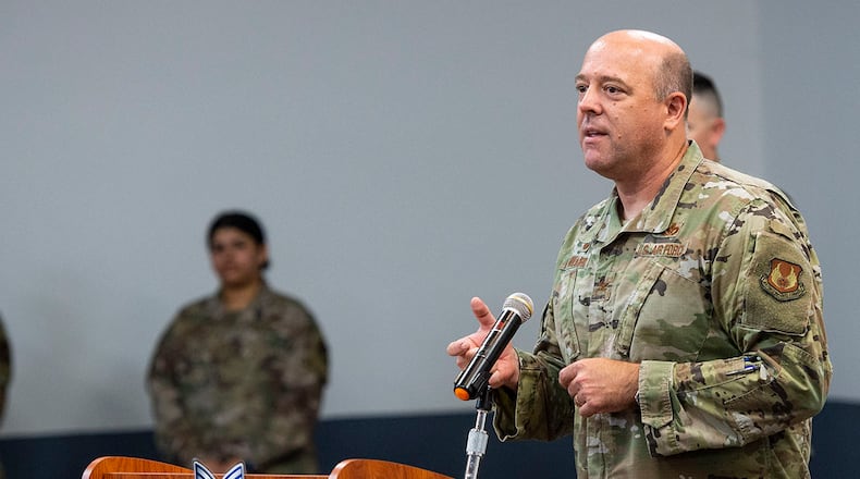 Col. Patrick Miller, 88th Air Base Wing and installation commander, provides closing remarks June 30 during the 2021 Technical Sergeant Release Party inside the Hope Hotel near Wright-Patterson Air Force Base. U.S. AIR FORCE PHOTO/WESLEY FARNSWORTH