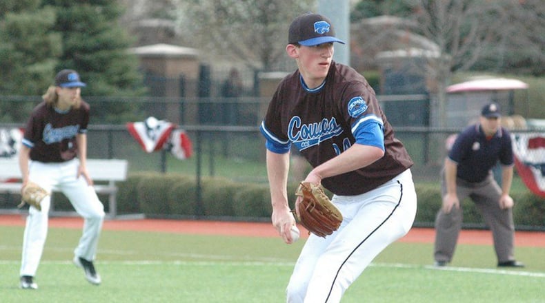 Cincinnati Christian’s Mitchell Smith (24) winds up on a delivery April 11 during a Miami Valley Conference baseball game against Cincinnati Hills Christian Academy at Prasco Park’s Legacy Field in Mason. CHCA won 3-2. RICK CASSANO/STAFF