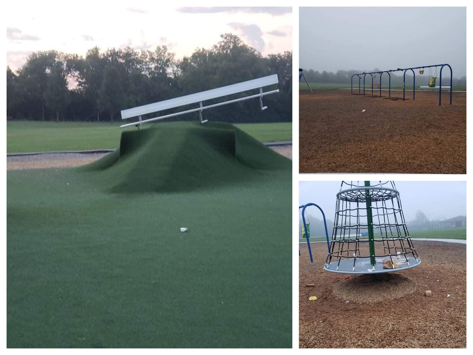 Police are looking for one or more suspects who vandalized part of Heroes Park in Fairfield Twp. Police say the suspect or suspects, who investigators believe is/are juveniles, vandalized the park on multiple occasions, including spreading food outside the public restroom, a bench relocated on top of a playground tunnel, food wrappers disposed throughout the playground and feces spread around. PROVIDED/FAIRFIELD TWP.