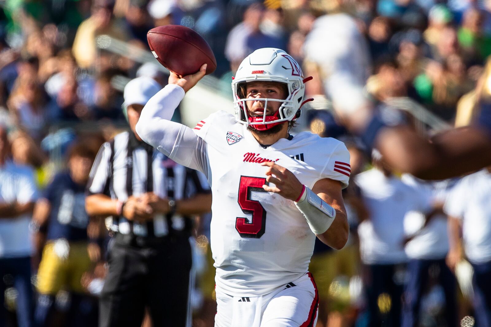 Miami (Ohio) quarterback Brett Gabbert looks to throw a pass during the first half of an NCAA college football game against Notre Dame, Saturday, Sept. 21, 2024, in South Bend, Ind. (AP Photo/Michael Caterina)