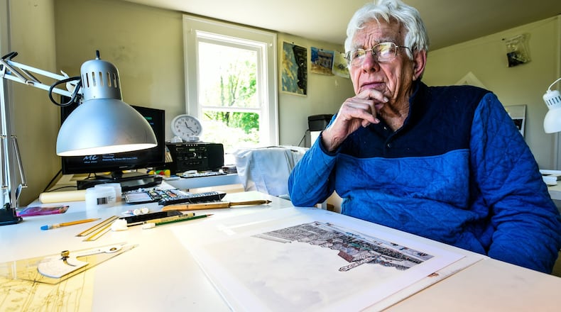 Artist Jack Howard works in his home studio Wednesday, May 15, 2019 in Glendale. Howard is the honorary chair of the Middletown Arts Center’s Art from the Heart 2019 Art Auction Saturday, June 1 at Miami Valley Gaming. NICK GRAHAM/STAFF