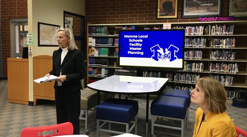 Monroe Schools Superintendent Kathy Demers was part of the public presentation Tuesday evening on the growing district’s plan to build a new elementary through a combination of a local school tax hike and state funding. Voters in the Butler County district will see a school tax issue on the fall 2020 ballot, said Demers. (Photo by Michael D. Clark/Journal-News)