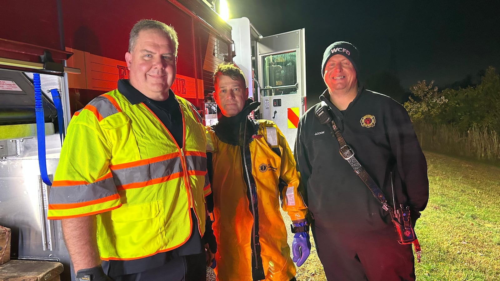 Lt. Tim Ludwig, 18-year veteran firefighter (pictured middle), still in ice rescue suit. CONTRIBUTED/WEST CHESTER TWP.
