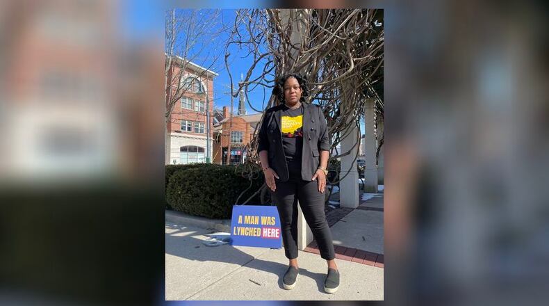 Jennifer Pryor is the director of organizing and community engagement for Ohioans to Stop Executions. She is shown here at the Uptown Oxford performance pavilion during a visit ahead of the planned “From Noose to Needle” program. CONTRIBUTED