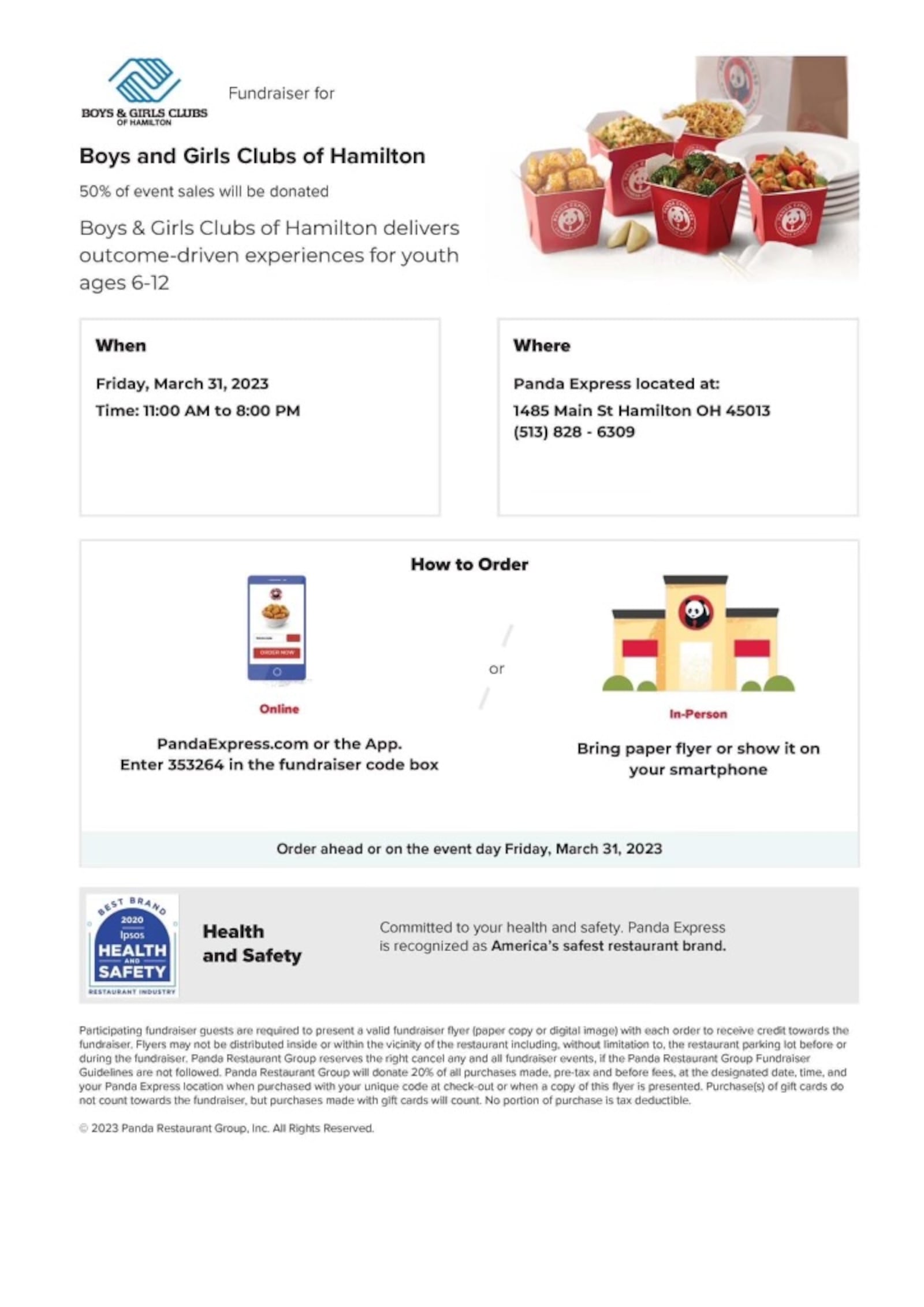 Panda Express is giving 50% of its sales on Monday, March 31, back to the Boys and Girls Club of Hamilton when they show this flyer. PROVIDED