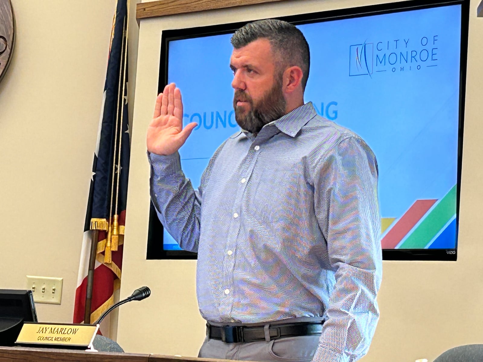 Jay Marlow was sworn in Tuesday night at the newest member of Monroe city council. He's serving an unexpired term until Dec. 31, 2025. RICK McCRABB/CONTRIBUTOR