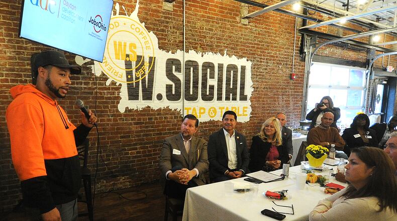 Terrence Williams, owner of Miami Valley Metal Recycling, talked about the success of his business at the Jobs Ohio and the Dayton Development Coalition luncheon Friday, Oct. 20, 2023. The event was held at the West Social Tap and Table. MARSHALL GORBY\STAFF