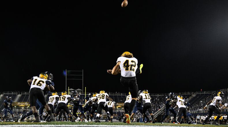 MIAMI, FL - SEPTEMBER 29: Jamie Gillan #42 of the Arkansas-Pine Bluff Golden Lions kicks and 80 yard punt during the first half against the FIU Golden Panthers at Ricardo Silva Stadium on September 29, 2018 in Miami, Florida. (Photo by Mark Brown/Getty Images)