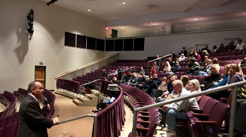 Dr. Greg Hudnall presented to the community a new anti-teen suicide program that will begin next school year at Lakota Schools. Hudnall spoke to Lakota parents, students and district officials Monday evening at Lakota East High School. Hudnall is a national champion for suicide prevention in schools and communities and Hope Squad founder. MICHAEL D. CLARK/STAFF