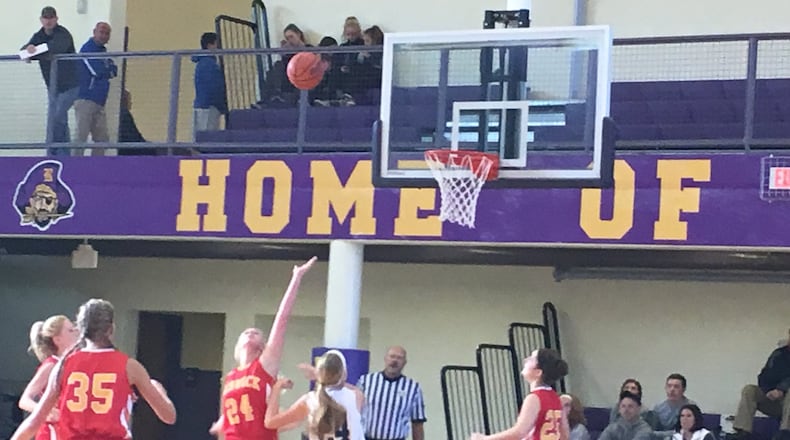 Fenwick’s Jenna Adams (35), Amanda Michael (24) and Kaitlynn Anzel (25) surround Sarah Klein (24, white jersey) of Ashville Teays Valley as a shot goes up during the fifth annual Gary West Memorial Tipoff Classic at Reynoldsburg on Nov. 27, 2016. RICK CASSANO/STAFF