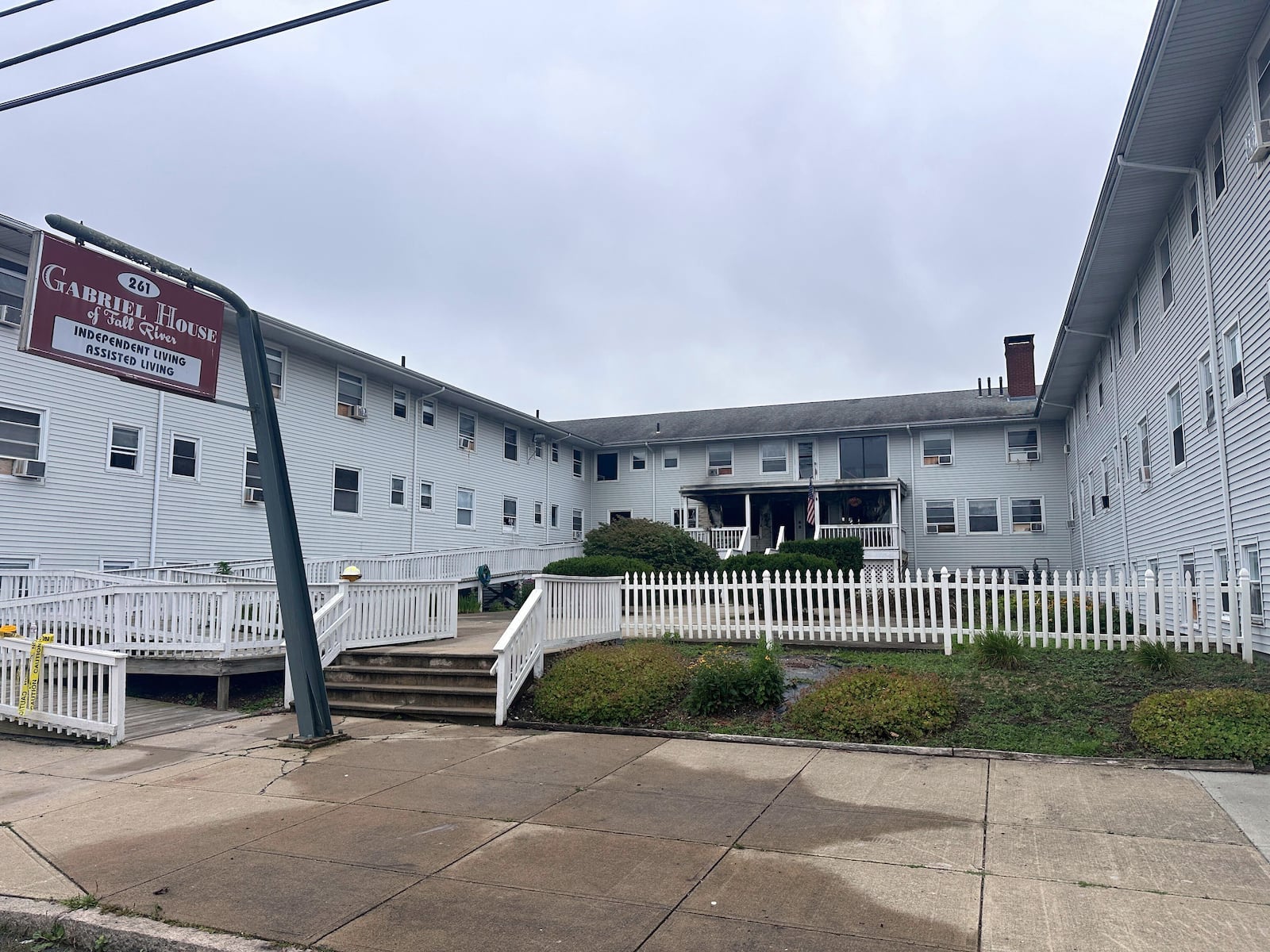 The Gabriel House assisted living facility is shown after a fire in Falls River, Mass., Monday, July 14, 2025. (AP Photo/Michael Casey)