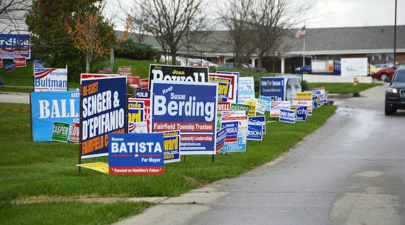 The entrance to the Butler County Board of Elections is always populated with political campaign signs during any given season. For the 2020 election season, campaign signs and digital and social media campaigning will be the primary way for candidates to get their names out in front of voters. Pictured is the elections office ahead of the November 2017 general election. MICHAEL D. PITMAN/FILE