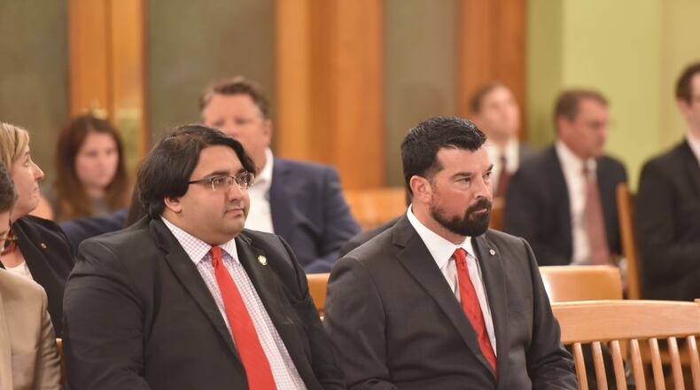 Senator Niraj Antani (R-Miamisburg) and Ohio State football coach Ryan Day (right). Day testified Tuesday in support of the name, image and likeness bill introduced by Antani. That bill was passed by the Senate on Wednesday. CONTRIBUTED