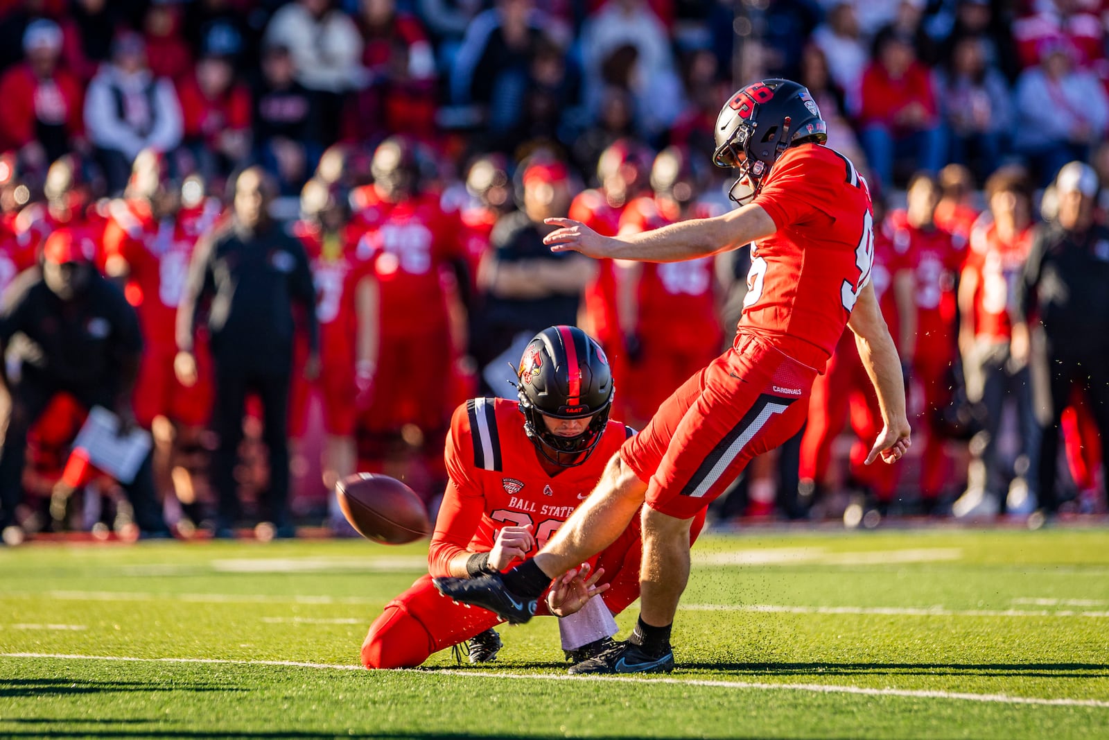 Centerville graduate Jackson Courville kicks a field goal for Ball State. Ball State photo