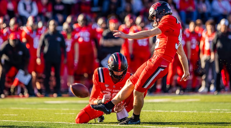 Centerville graduate Jackson Courville kicks a field goal for Ball State. Ball State photo