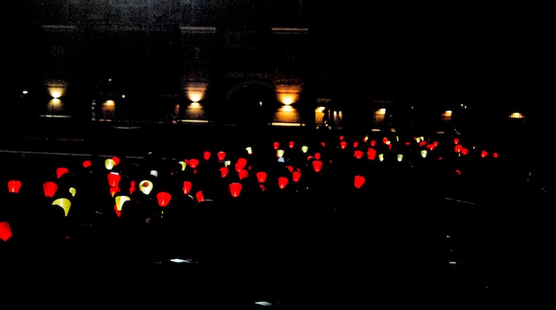 Miami University's athletic community hosted its annual "Light the Night" at Yager Stadium on Thursday, Oct. 20. The event raises funds to fight Leukemia and Lymphoma while raising awareness about the disease. Redhawk team members, coaches, Leukemia survivors, their families and friends carried lanterns around the stadium to honor survivors, current patients and those who had died from the disease. DAVID A. MOODIE/CONTRIBUTING PHOTOGRAPHER