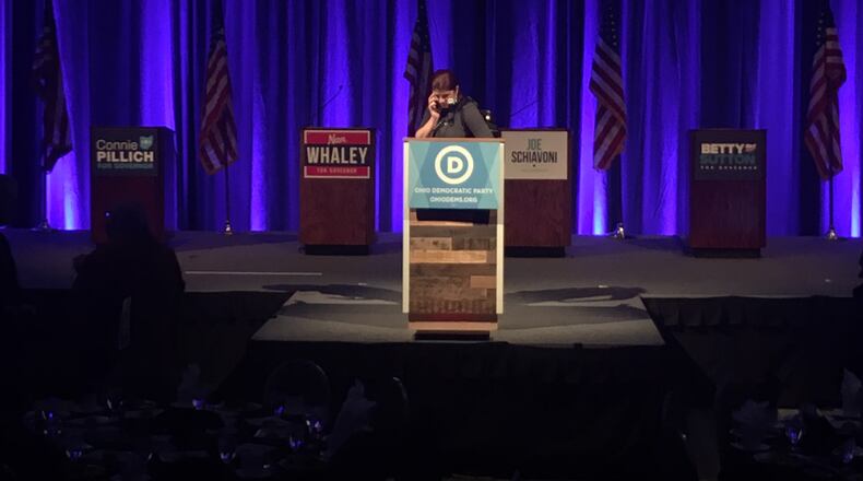 Final preparations are made for the second official Ohio Democratic Party gubernatorial debate at the Greater Columbus Convention Center on Sunday, Oct. 29, 2017. WILL GARBE / STAFF