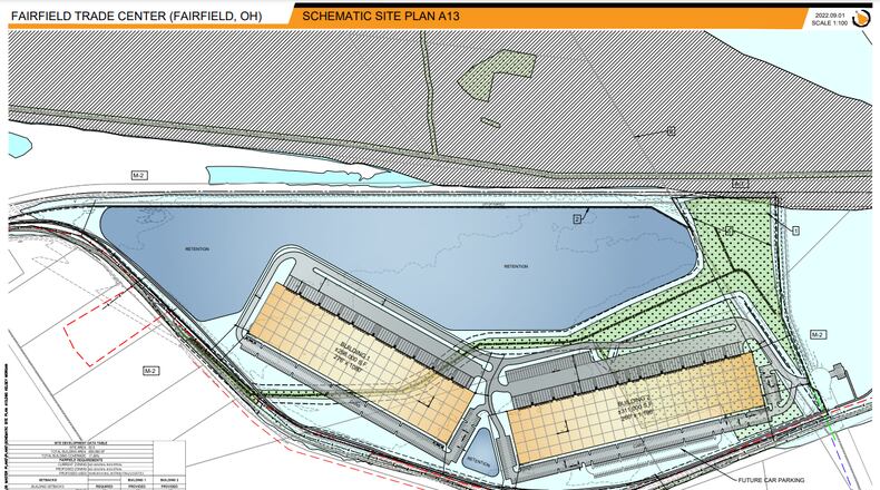 Pictured is a schematic of the proposed Fairfield Trade Center, a speculative business park on Seward Road and received financing earlier this month (March 2023) from the Butler County Port Authority. The project will see two new speculative buildings constructed and is expected to attract more than 300 jobs to the city. PROVIDED/CITY OF FAIRFIELD