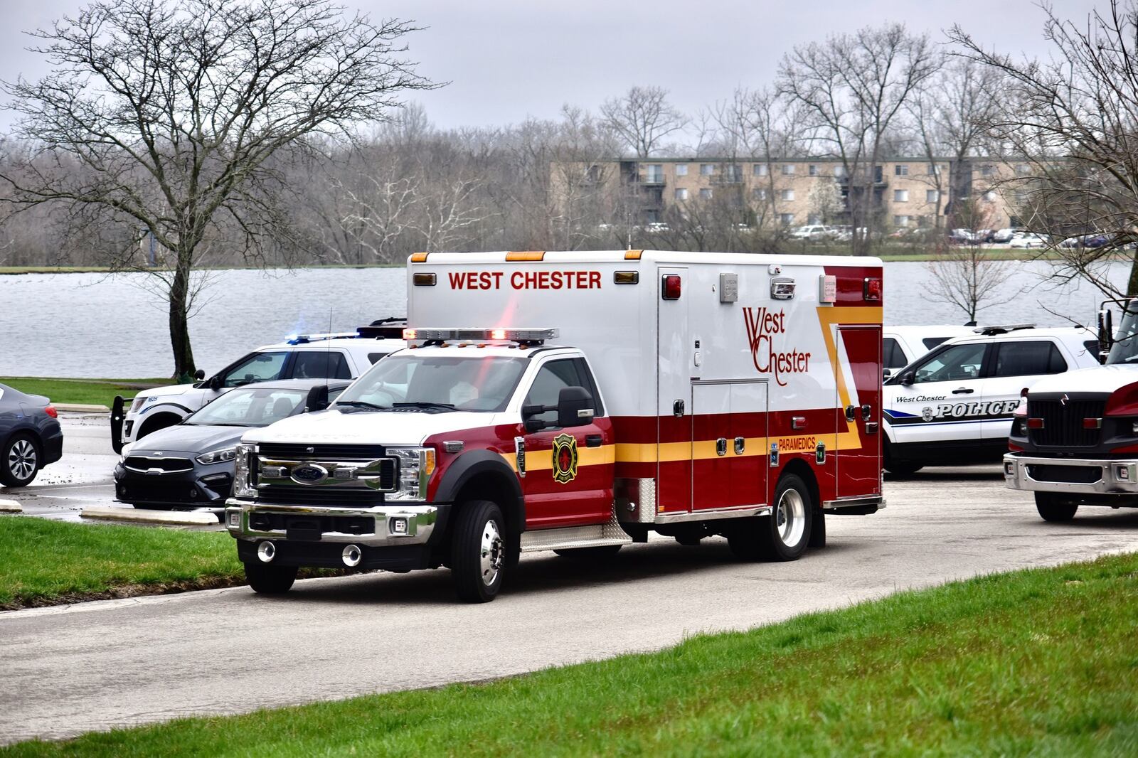 West Chester Township police and fire departments responded to the report of a shooting at Lakota Lake apartments on Lakeside Drive Friday, March 27, 2020. NICK GRAHAM / STAFF