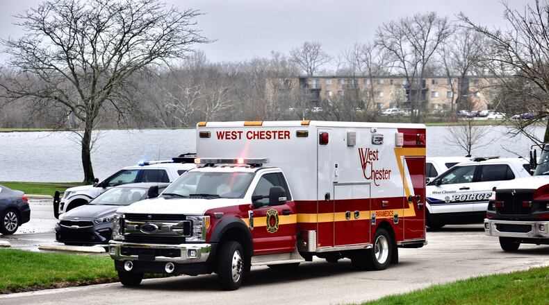 West Chester Township police and fire departments responded to the report of a shooting at Lakota Lake apartments on Lakeside Drive Friday, March 27, 2020. NICK GRAHAM / STAFF
