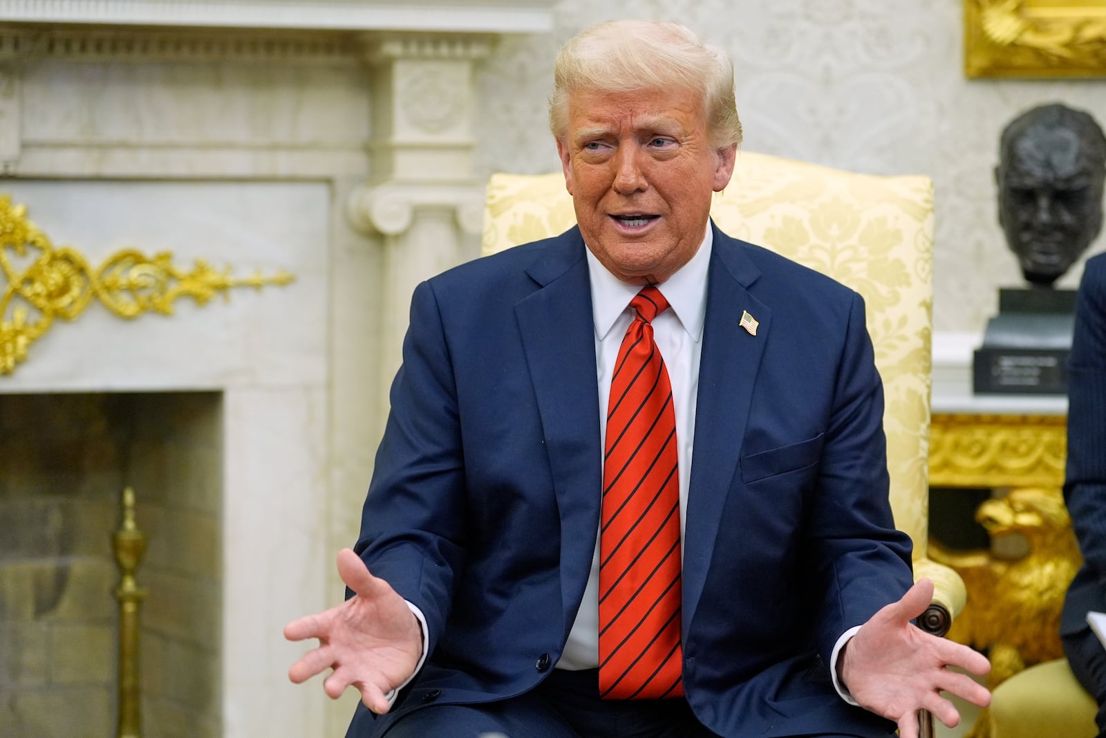 President Donald Trump speaks as he meets with Italy's Prime Minister Giorgia Meloni in the Oval Office of the White House, Thursday, April 17, 2025, in Washington. (AP Photo/Alex Brandon)
