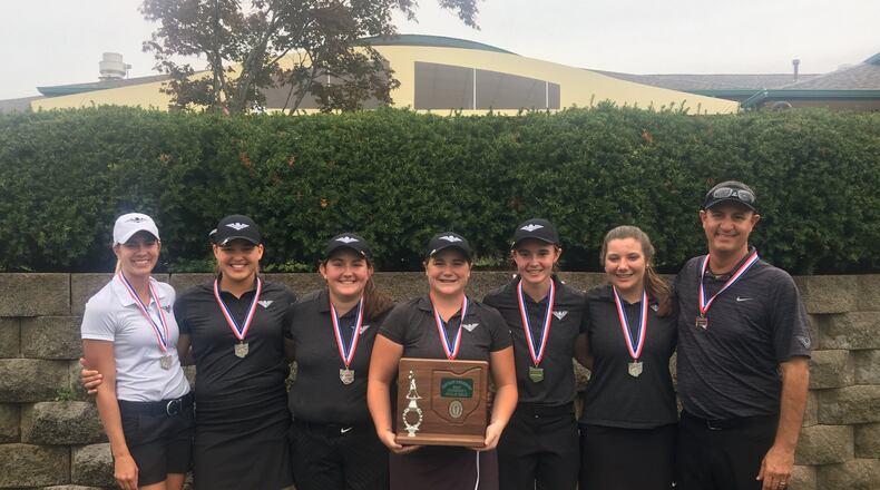 The Lakota East High School girls golf team poses with its Division I district runner-up trophy last week at Beavercreek Golf Club. SUBMITTED PHOTO