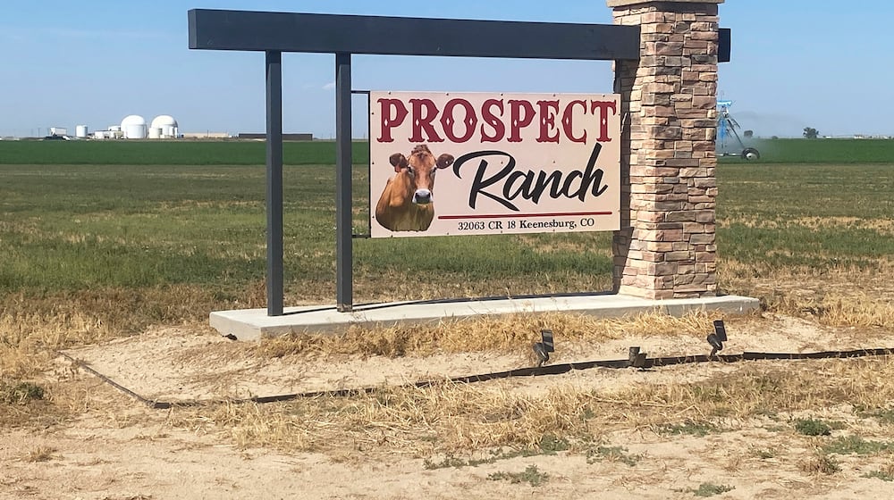 FILE - A sign stands at Prospect Ranch outside of Prospect Valley Dairy east of Keenesburg, Colo., Aug. 21, 2025. (Chris Bolin/Denver Post via AP, File)