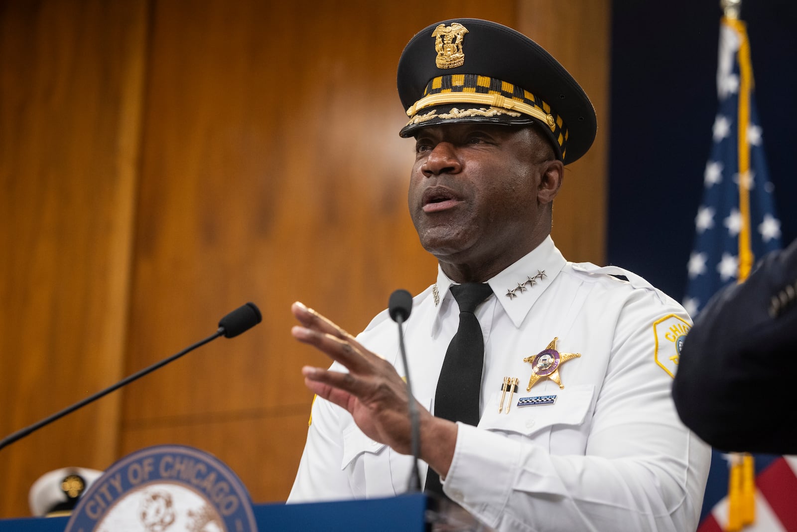 Chicago Police Supt. Larry Snelling responds to an overnight shooting during a news conference at City Hall in the Loop, Thursday, July 3, 2025. (Ashlee Rezin /Chicago Sun-Times via AP)