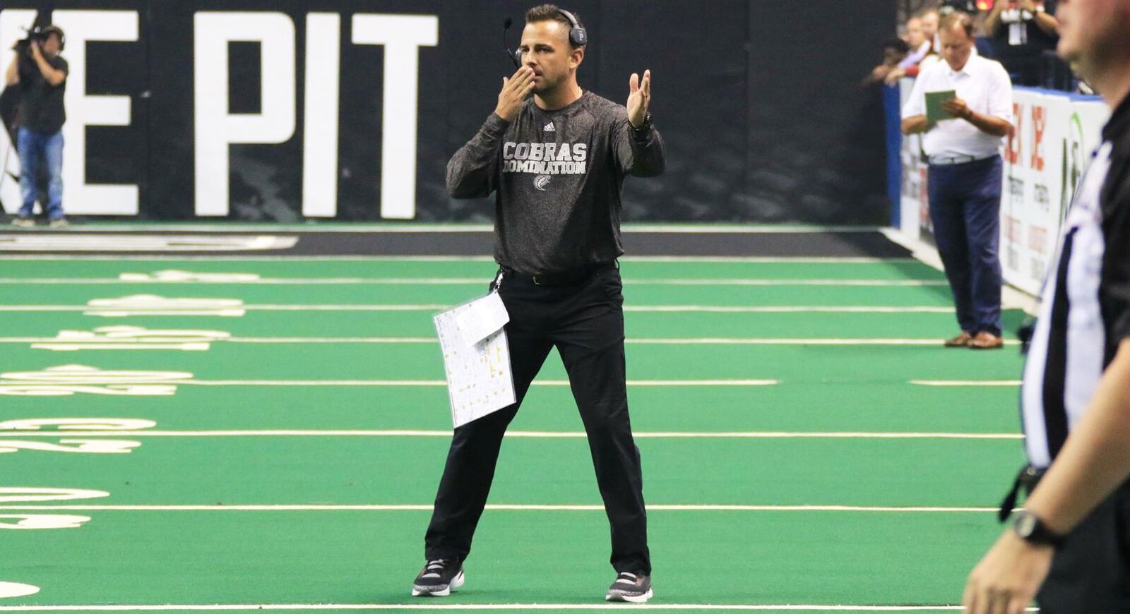 Head coach Billy Back makes a call during his Carolina Cobras’ 66-8 victory over the Columbus Lions in the National Arena League championship game last season at the Greensboro Coliseum in Greensboro, N.C. PHOTO COURTESY OF CAROLINA COBRAS
