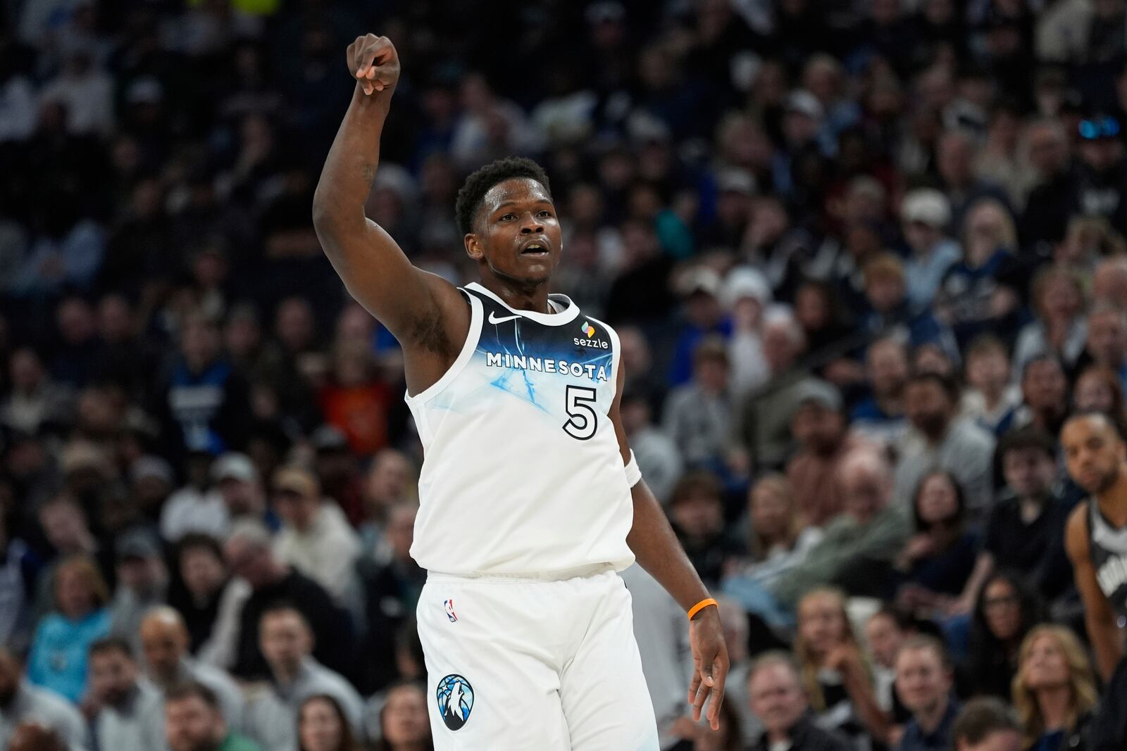 Minnesota Timberwolves guard Anthony Edwards looks on after missing a basket during the first half of an NBA basketball game against the Brooklyn Nets, Friday, April 11, 2025, in Minneapolis. (AP Photo/Abbie Parr)