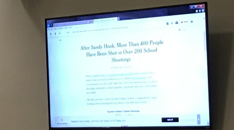 This afternoon, Waren County Juvenile Court Judge Joe Kirby flashed a newspaper headline reporting that more than 400 people had been shot in 200 school shootings since the shootings at Sandy Hook Elementary School in Connecticut before ordering a boy, 17, of Turtlecreek Twp., who has already served four days in detention to remain in the detention center in a school threat case. LAWRENCE BUDD/STAFF