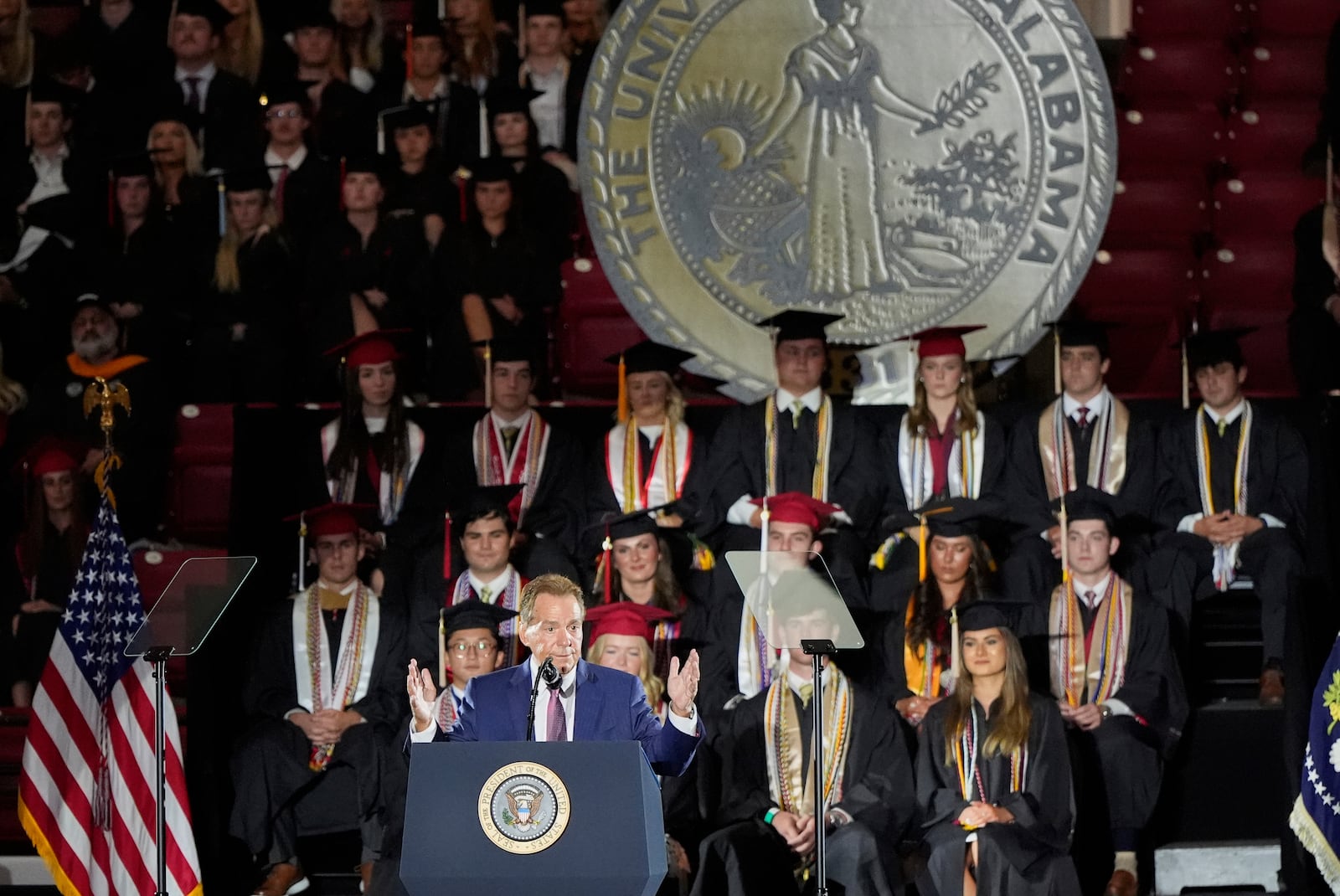 Nick Saban speaks before President Donald Trump arrives to give a commencement address at the University of Alabama, Thursday, May 1, 2025, in Tuscaloosa, Ala. (AP Photo/Mike Stewart)