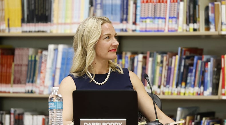 Lakota Board of Education member Darbi Boddy speaks during the Board of Education meeting that lasted over three hours Monday night, May 9, 2022, at Lakota Plains Junior School. NICK GRAHAM/STAFF