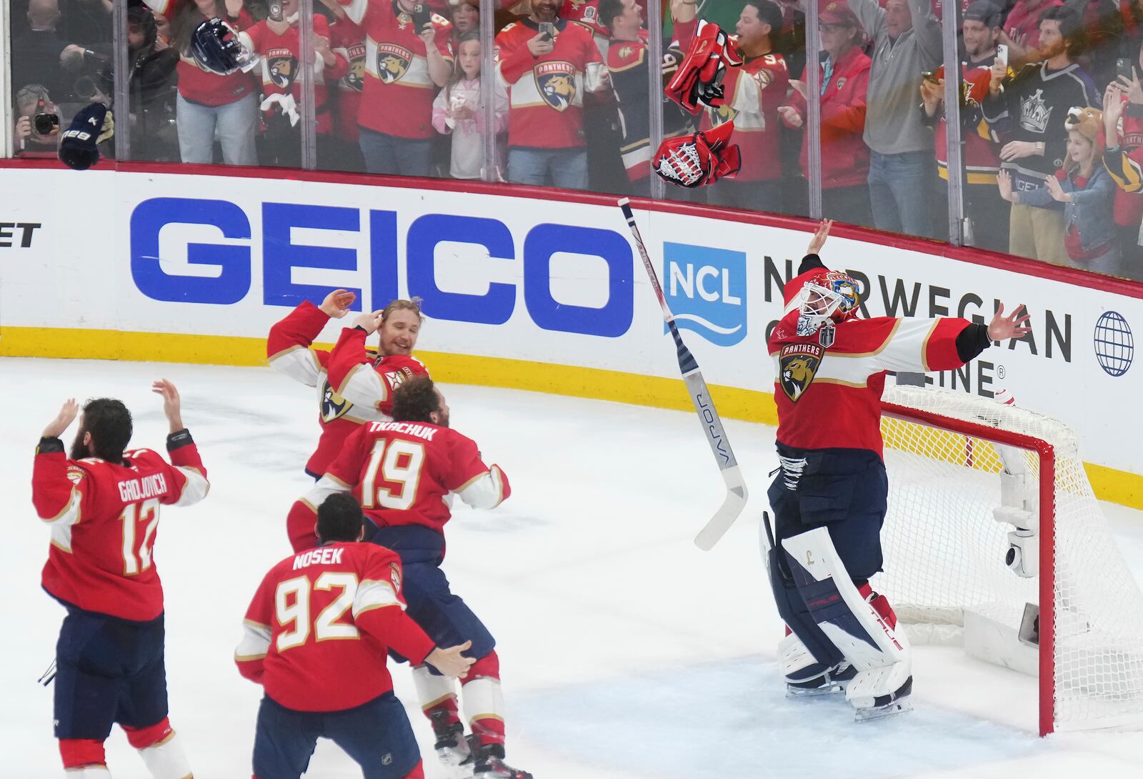 Florida Panthers goalie Sergei Bobrovsky (72) and teammates celebrate after defeating the Edmonton Oilers in Game 6 of the NHL hockey Stanley Cup Final in Sunrise, Fla., Tuesday, June 17, 2025. (Nathan Denette/The Canadian Press via AP)